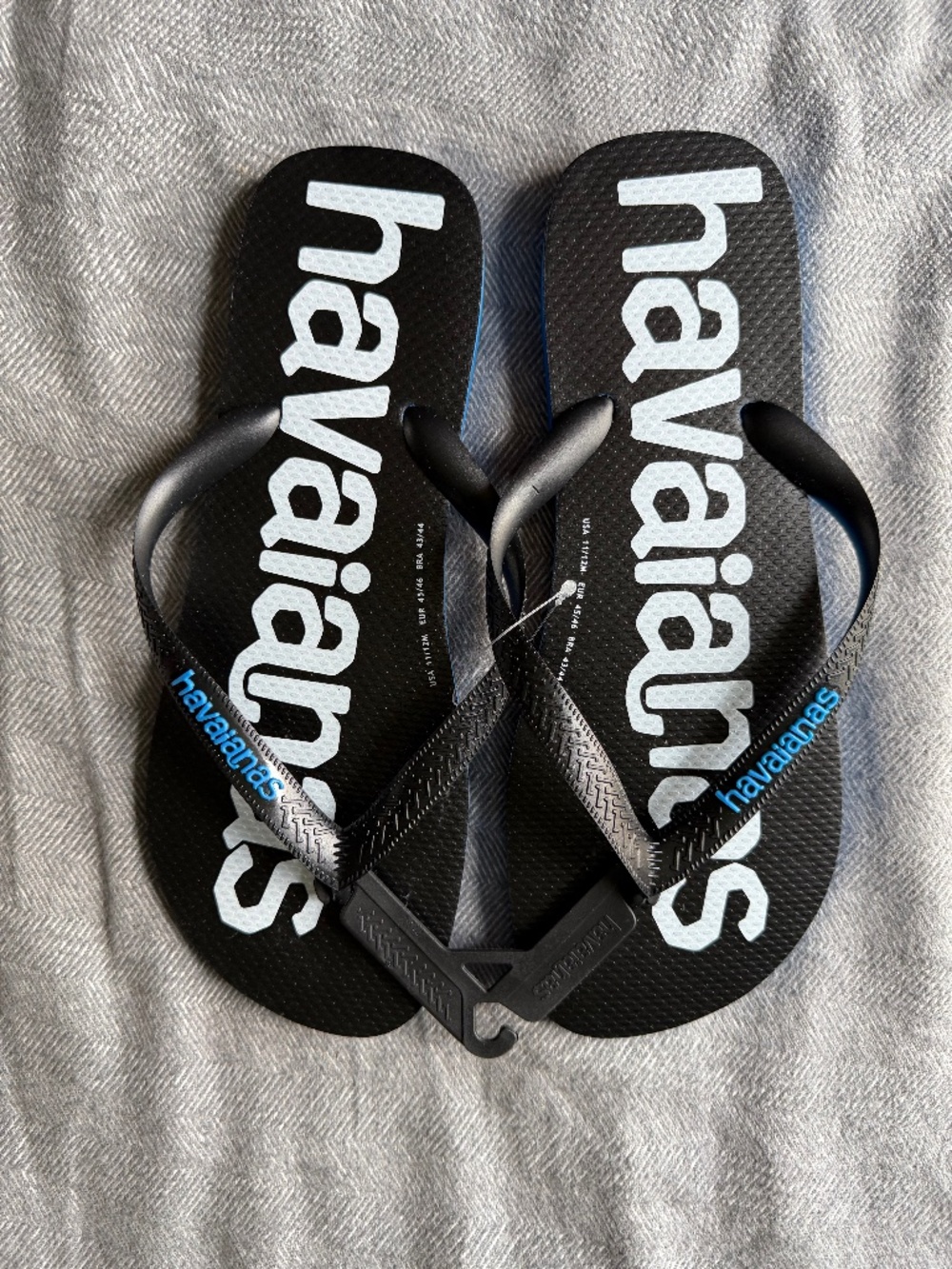 NEW Havaianas Top Logomania Flip Flops -Black/Blue - Made in Brazil - Size 11/12